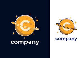 C Letter Planet Logo Design Vector Template. Orange Color Saturn Icon with Ring and Letter C Illustration