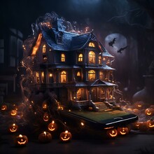 A Scary Black House With A Yellow Light Comes Out Of A Mobile Screen In A Scary And Strange House