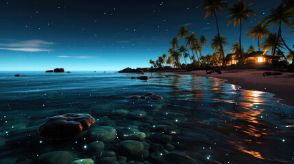 Panorama of a beach with bioluminescent plankton that makes the water glow at night, creating a magical. Generative AI