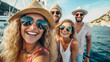 © ADDICTIVE STOCK - Generative AI image of smiling young female in sunglasses and hat looking at camera together with friends while standing on sailboat and enjoying vacation