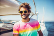 © ADDICTIVE STOCK - Generative AI portrait of confident cheerful male in sunglasses standing on sail boat in daytime against blurred seawater