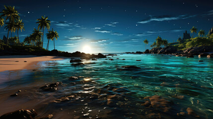 Panorama of a beach with bioluminescent plankton that makes the water glow at night, creating a magical. Generative AI