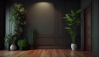 Potted plants decorate the empty living room with green walls and a hardwood floor, living room with a window Ai generated image