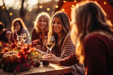 A Group Of Women Sitting At A Table With Wine Glasses. Generative AI. Autumn, Thanksgiving Arty, Fall Decor.