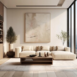 Fototapeta  - Modern living room design, Wooden furniture with warm cozy feeling, bright neutral colors