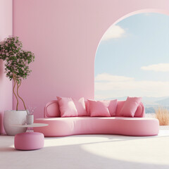 Sticker - Pink living room mockup, modern design in a minimal home interior, wall background mockup