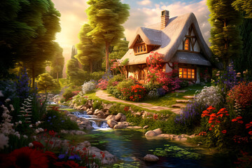 Wall Mural - whimsical fairy-tale house in the forest, ai generated