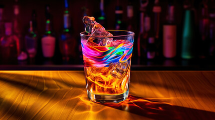 Glass of cocktail in hypnotic neon light. Colorful rave party drink. Generative AI