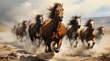  A Painting Of A Group Of Horses Running In The Desert.  Generative Ai
