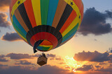 Colorful hot air Balloon flying above city on sunset time before dark coming with colorful of light and a beautiful twilight and sunset sky background. hot air balloons sunset
