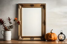 Wooden Frame Mockup On Shelf Over White Wall With Halloween Pumpkin, Blank Vertical Frame With Copy Space