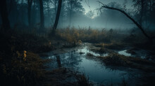 Mysterious Forest Swamp At Foggy Night Or Dusk.