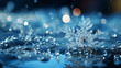 detail of a Snowflake in front of a winter landscape with snow bokeh sparkling