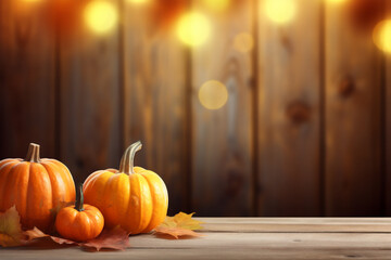 Wall Mural - Pumpkins and autumn leaves on wood with bokeh lights and copy space, fall and halloween background