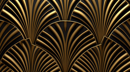 Wall Mural - seamless golden art deco scallop palm fan line pattern. generative ai