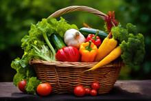 Wicker Basket Full Of Assorted Vegetables On Green Leaves Background