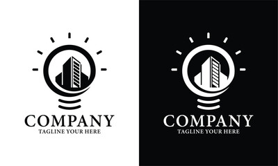 Wall Mural - Bulb logo icon design with building concept. on a black and white background.