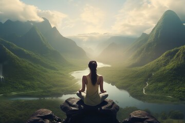 photo of a person sitting on a rock meditating on a beautiful mountain landscape