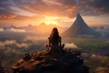 photo of a person sitting on a rock meditating on a beautiful mountain landscape