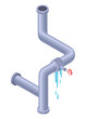Leaking pipes isometric. Broken pipe tube with leaking water. Plumbing construction pipeline with damage element. 3d industrial water system