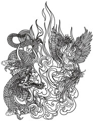 Wall Mural - Tattoo art swan china and dragon hand drawing sketch black and white