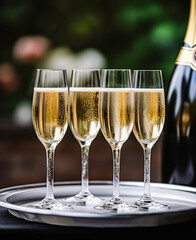 Wall Mural - Luxury service, glasses of champagne served by a waiter at a wedding celebration or event in formal English style at luxurious hotel or country estate garden, generative ai