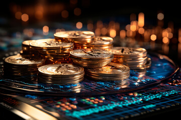 Poster - bitcoin coins on the table with blurred background