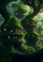 Wall Mural - Elf houses built inside trees, Generative AI Illustration.