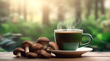 Mushroom Coffee In Green Cup On Wooden Background. Generative Ai