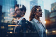 © ink drop - Corporate business people double exposure portrait with modern city background