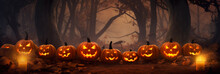 Halloween Pumpkin In Dark Forest. Jack O Lantern Party. Horizontal Banner.