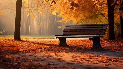 Wall Mural - Autumn park with bench and maple leaves new high -quality, universal colorful technologies, illustration design, generative artificial intelligence