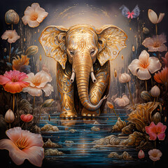 Wall Mural - Creative Poster Elephant, fantasy flowers. Asian, indian style. Generative AI