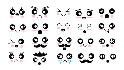 Cartoon faces. Expressive eyes and mouth, smiling, crying and surprised character face expressions. Caricature comic emotions or emoticon doodle. Isolated vector illustration icons set