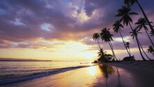 Ocean Waves On The Sand Of A Tropical Beach Against A Beautiful Sunset With Palm Trees. Evening Cruise Along The Coast. Exotic Summer Vacation Or Holiday Landscape. Sea Sunset On The Coast.
