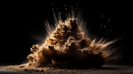 Sand explosion, with vibrant splashes of gold against a captivating dark background, beautiful art of generative ai