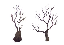 Clipart Set Of Hand Drawn Old Bare Withered Dry Tree Isolated On Transparent Background. Single Dead Tree Silhouette For Greeting Card, Festive Poster Or Party Invitations