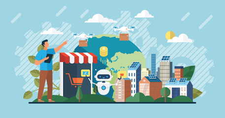 Automation business. Vector illustration. Business people and developers and bot working together, touch screen devices and robots Developer with open robotic soft Optimization and efficiency delivery