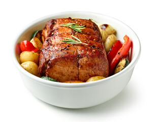 Wall Mural - bowl of whole roast pork and vegetables