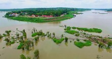 Aerial View Amazing Two Colors In Two Rivers At Three Junctions In Khong Chiam Ubon Ratchathani Thailand..Mekong River The Border Between Thai And Lao..islands In The Middle Of Kong River Background.
