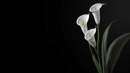 deepest sympathy card with calla flower on black background. condolences on deaths. funeral concept.