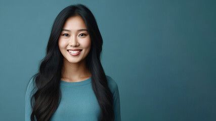 Asian woman in 30s smiling, long hair, blue background