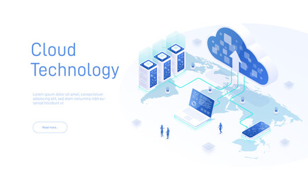 Cloud storage isometric. Cloud computing technology users network configuration. Internet data services. Online computing technology. 3d servers, data center connection network. Design landing page. 