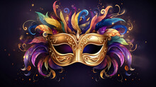 Mardi Gras Masquerade Mask. Venetian Carnival Celebration Party. Colorful Gold Mystery Theater Festival Background., Generative Ai