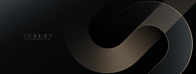 Abstract elegant golden geometric lines on black background. Modern shiny gold diagonal rounded lines pattern. Luxury style. Horizontal banner template with space for your text. Vector illustration