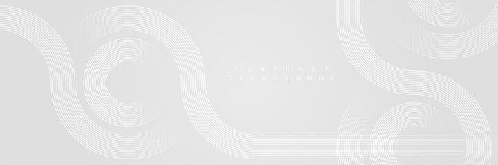 Grey abstract background with white circle lines. Geometric stripe line art design. Minimal lines pattern. Modern futuristic concept. Horizontal banner template. Suit for poster, cover, banner, web