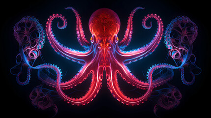 Octopus Plexus Neon Black Background Digital Desktop Wallpaper HD 4k Network Light Glowing Laser Motion Bright Abstract	