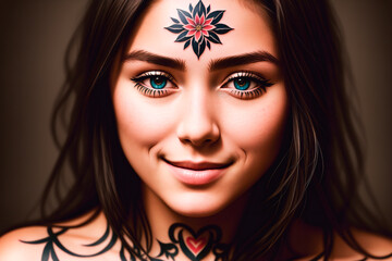 Wall Mural - Portrait of a beautiful young woman with tattoo on her body and face. Generative AI.