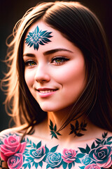 Wall Mural - Portrait of a beautiful young woman with tattoo on her body and face. Generative AI.