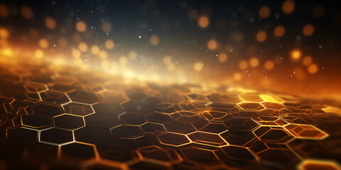 abstract futuristic background with gold black glowing neon moving high speed wave lines honeycomb and bokeh lights. Data transfer concept - created with AI

